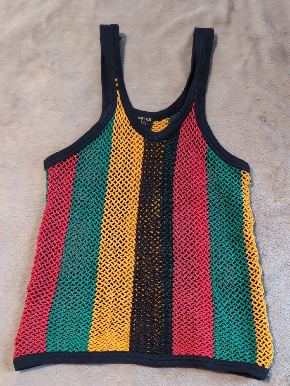 Vintage Jamtex Ja Jamaican Striped See Through Mesh Muscle Tank Top Y2K
